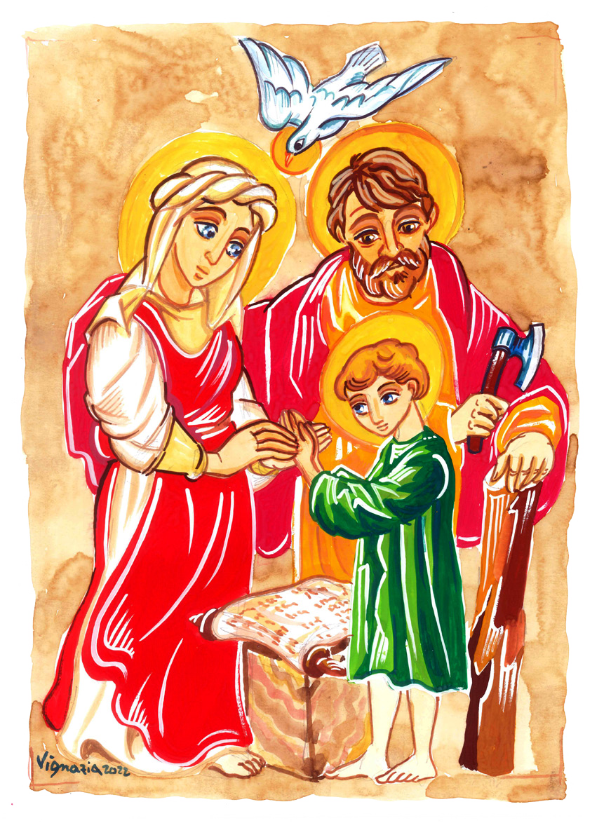 La Sacra Famiglia in preghiera, pittura di Franco Vignazia